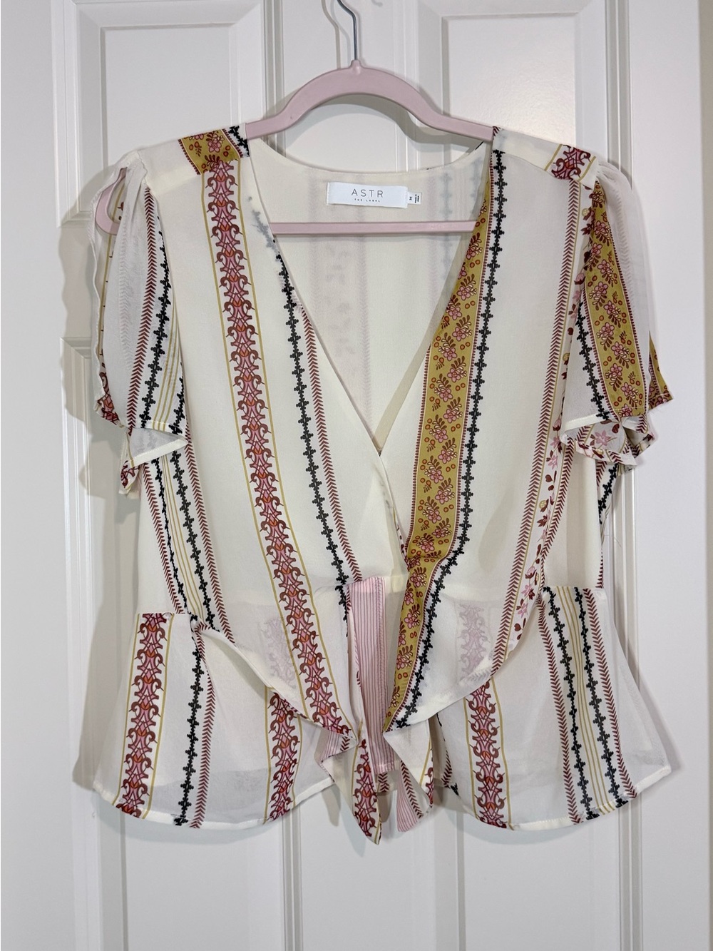 ASTR Cream Wrap Blouse with Red and Mustard Stripes